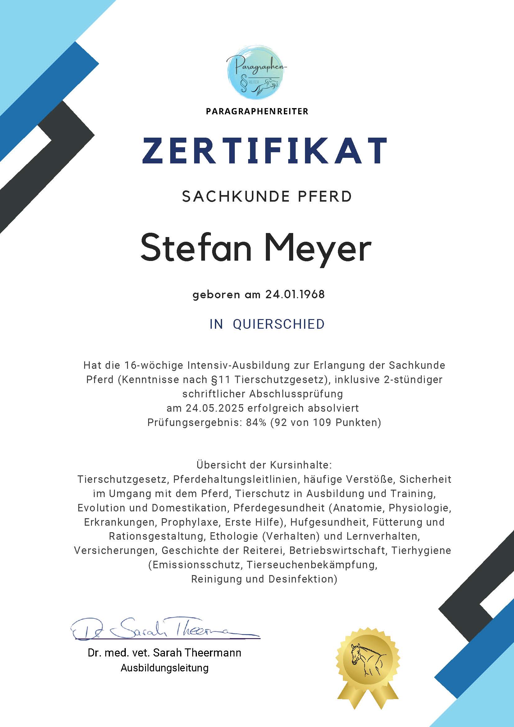 Zertifikat Sachkunde Pferd Stefan